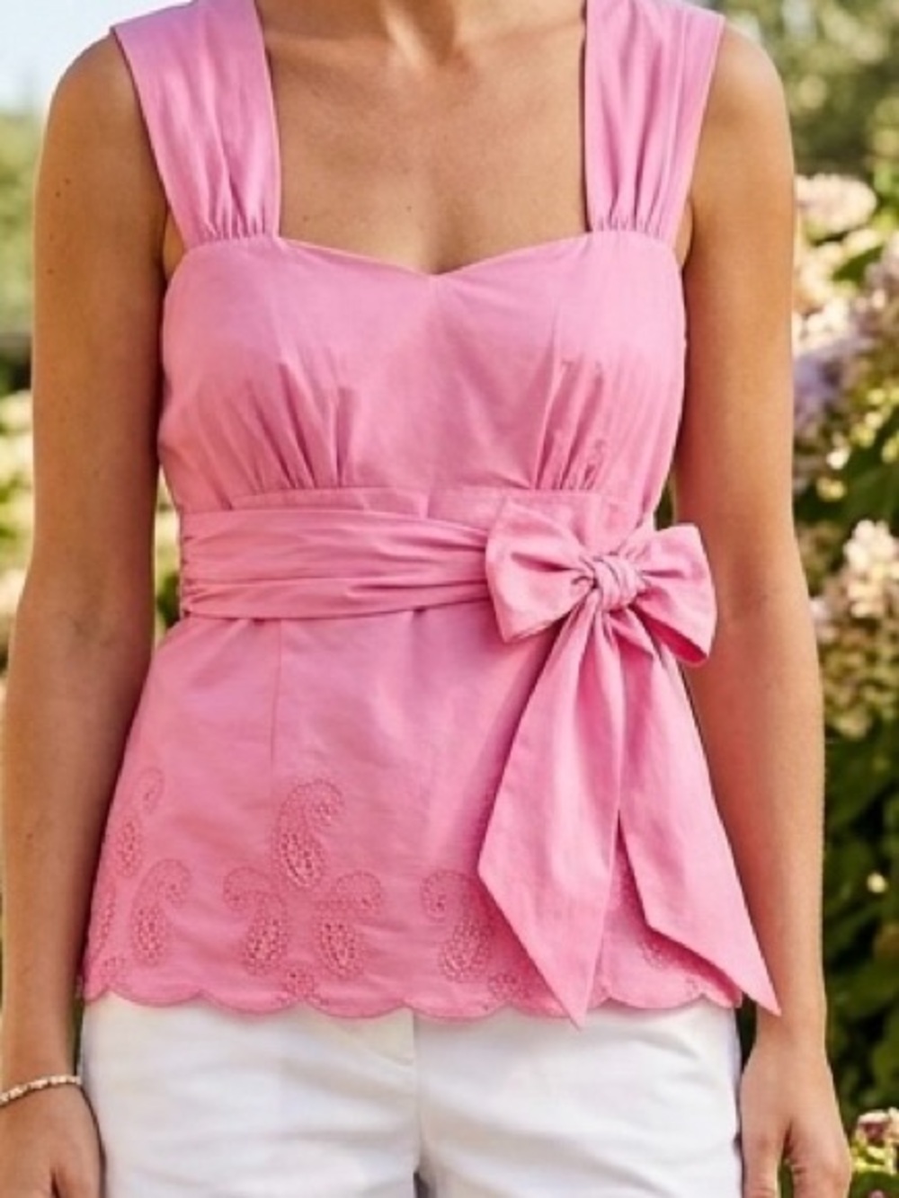 LOFT Pink Sleeveless Blouse with Embroidered Hem